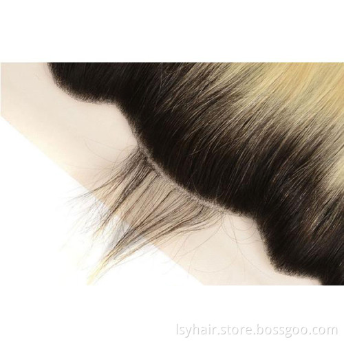 1B 613 Blonde Black Roots Ombre Color Remy Brazilian Straight Hair Weave Bundles With Pre Plucked  Ear to Ear Lace Frontal